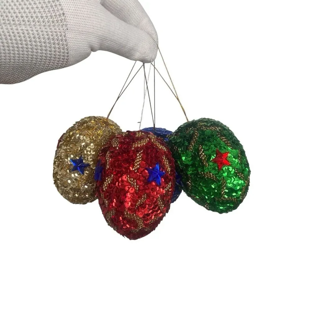 8 Christmas Tree Ornaments Pine Cone Handmade Sequins Beaded Blue Gold Red Green